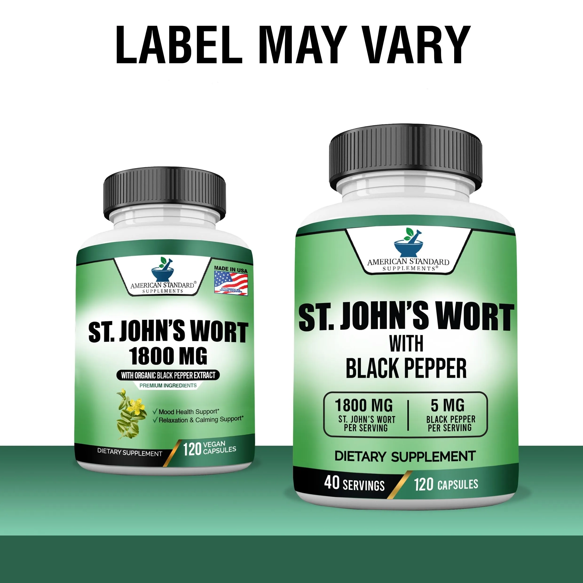 American Standard Supplements St. John’s Wort 1800mg Per Serving with Black Pepper Fruit Extract - Vegan, Gluten Free, Non-GMO, 120 Capsules, 40 Servings