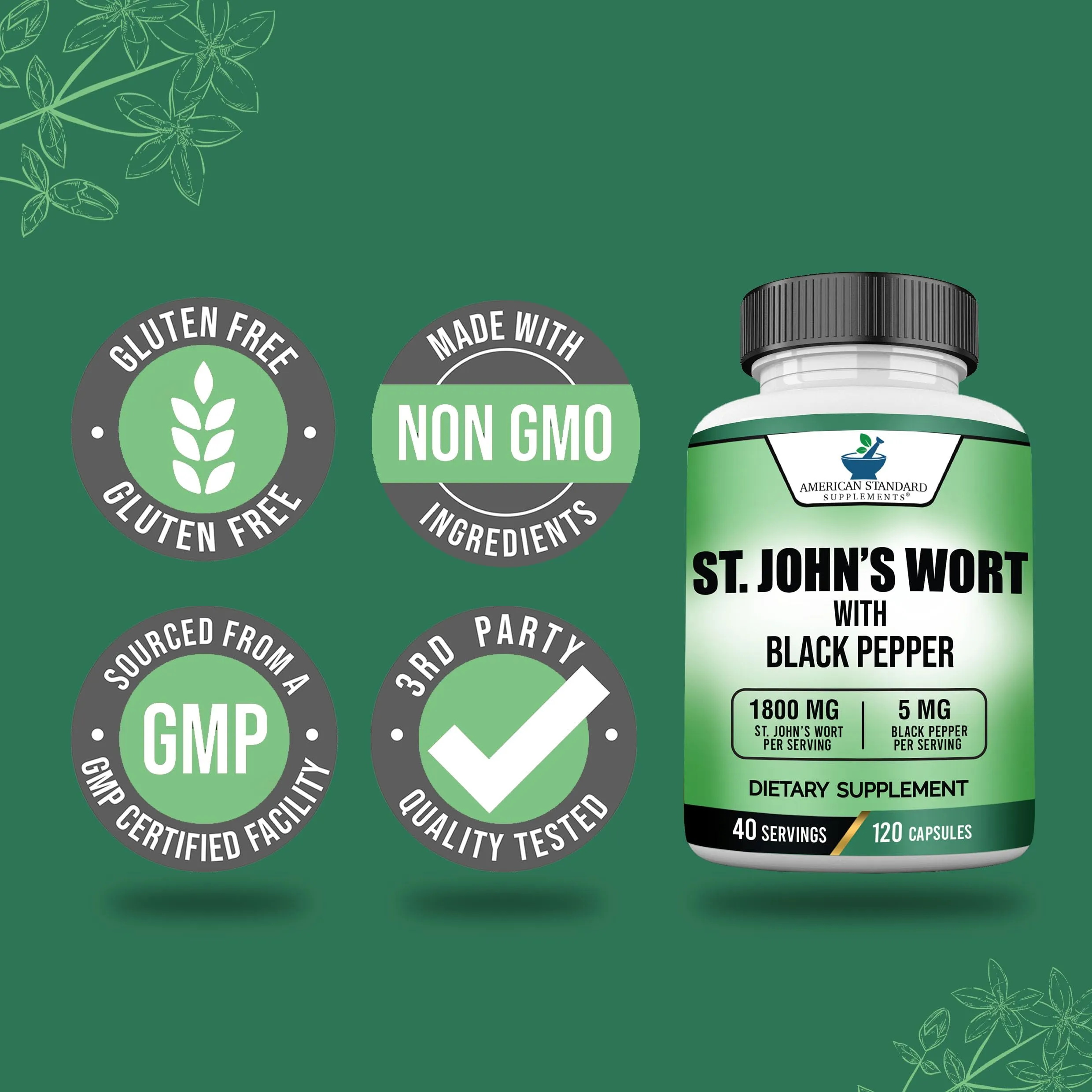 American Standard Supplements St. John’s Wort 1800mg Per Serving with Black Pepper Fruit Extract - Vegan, Gluten Free, Non-GMO, 120 Capsules, 40 Servings