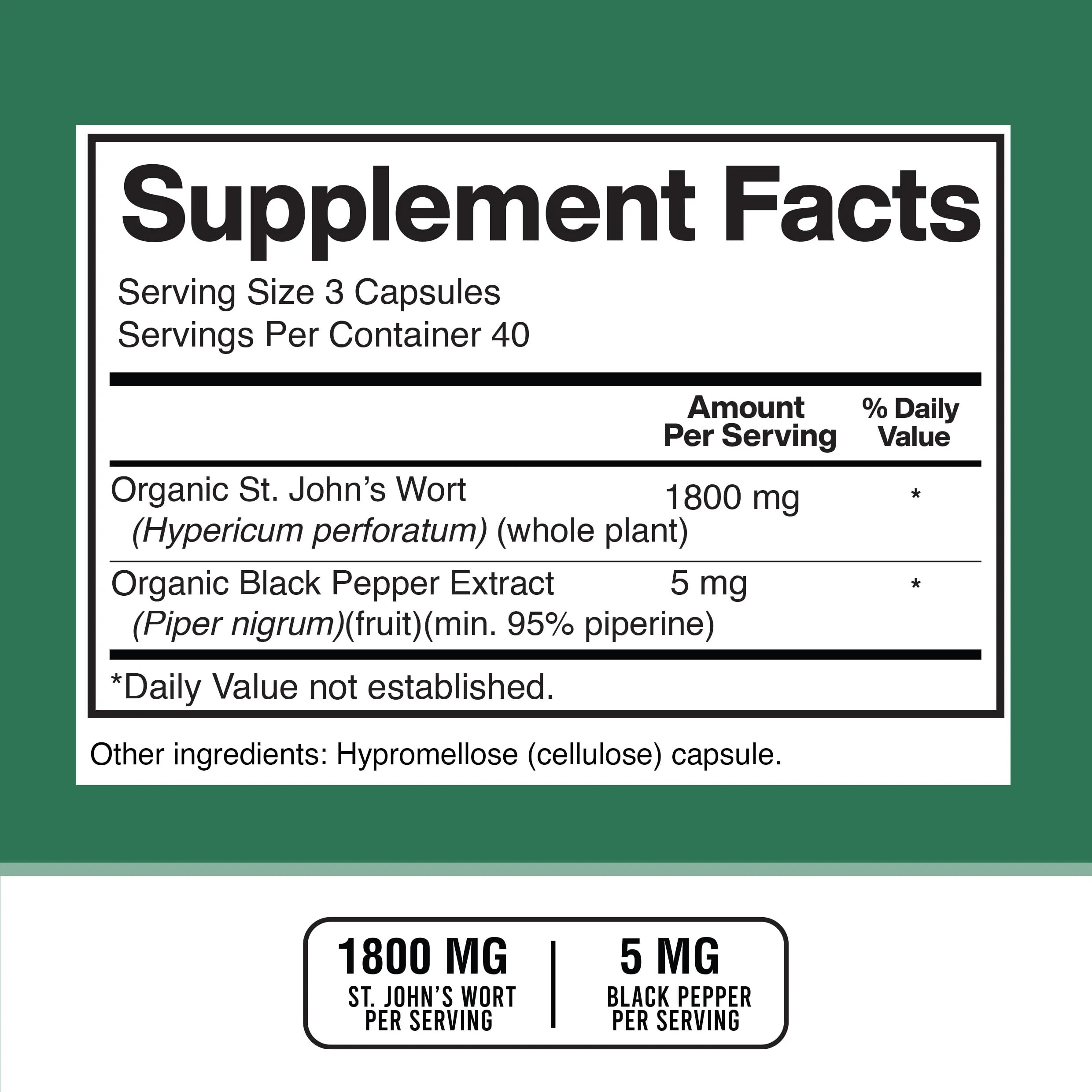 American Standard Supplements St. John’s Wort 1800mg Per Serving with Black Pepper Fruit Extract - Vegan, Gluten Free, Non-GMO, 120 Capsules, 40 Servings