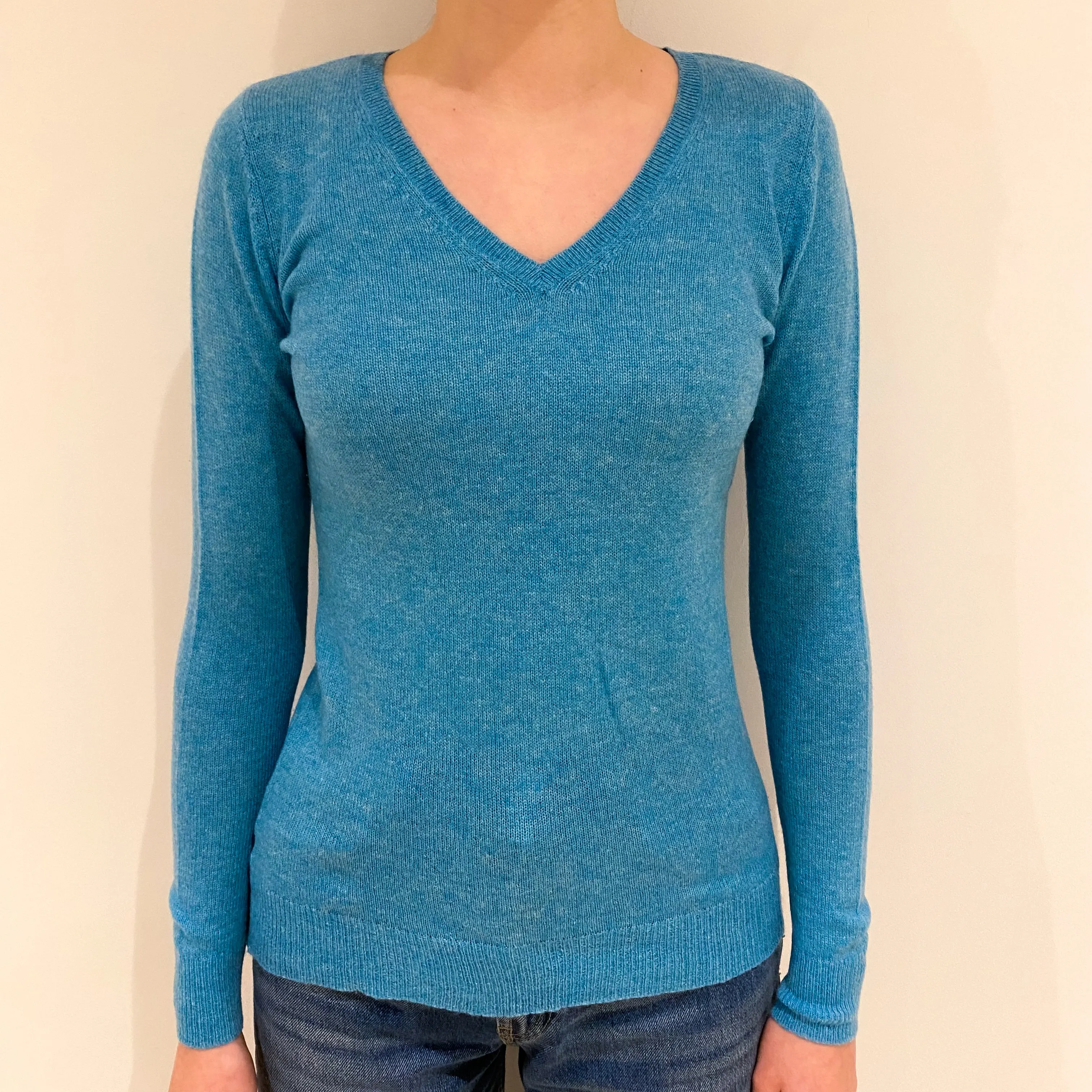 Aqua Blue Cashmere V Neck Jumper Extra Small