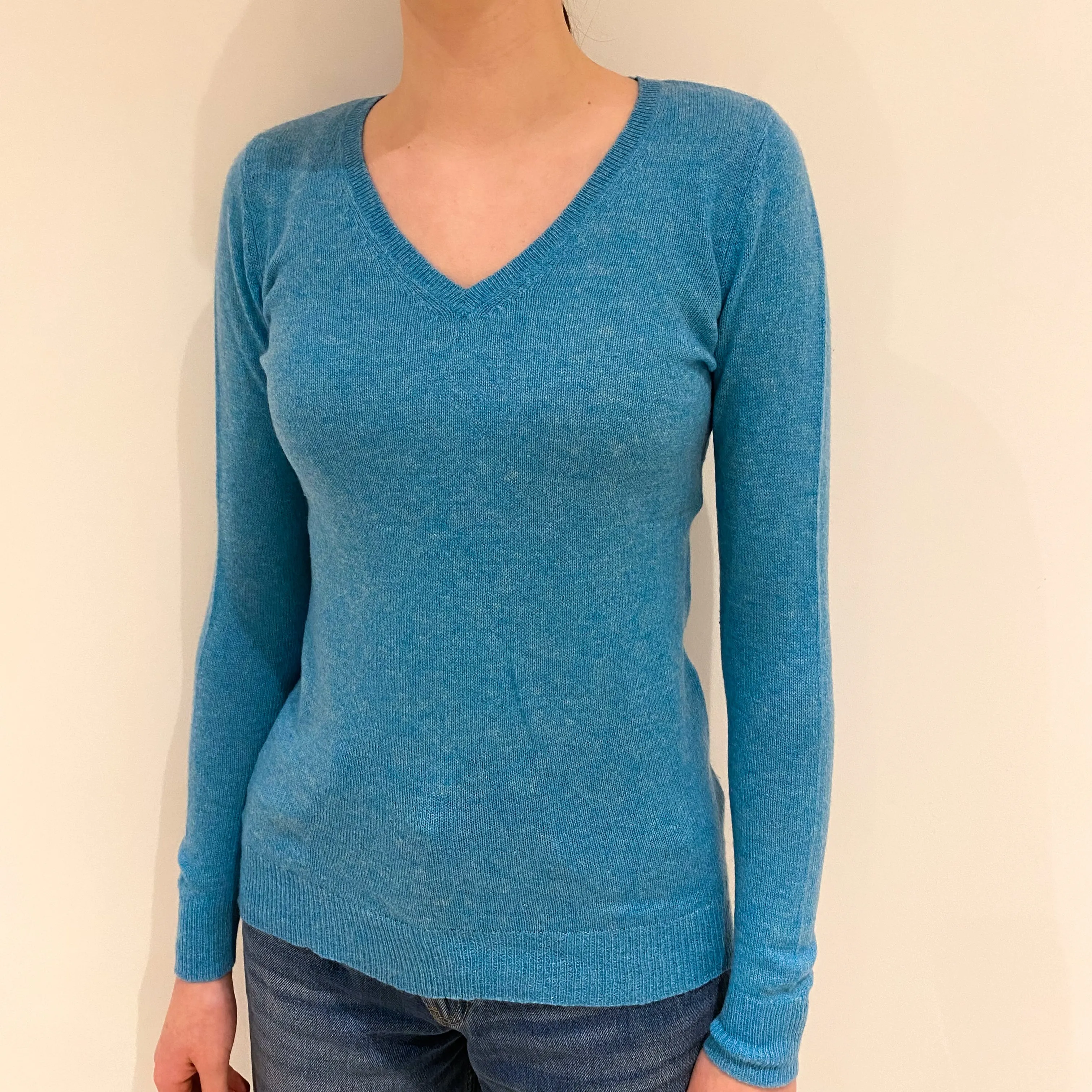 Aqua Blue Cashmere V Neck Jumper Extra Small