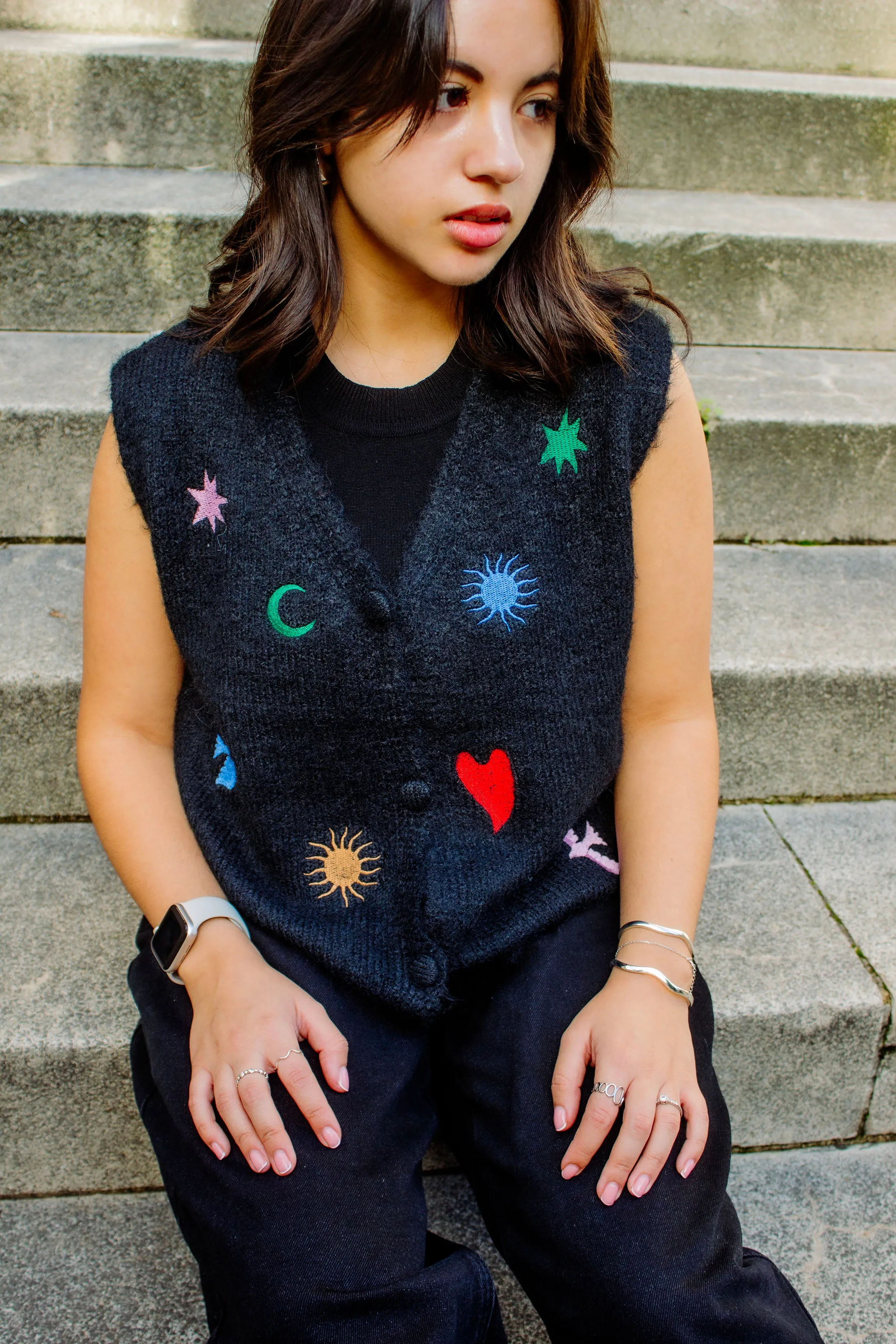 Astrology Embroidered Knit Sleeveless Vest