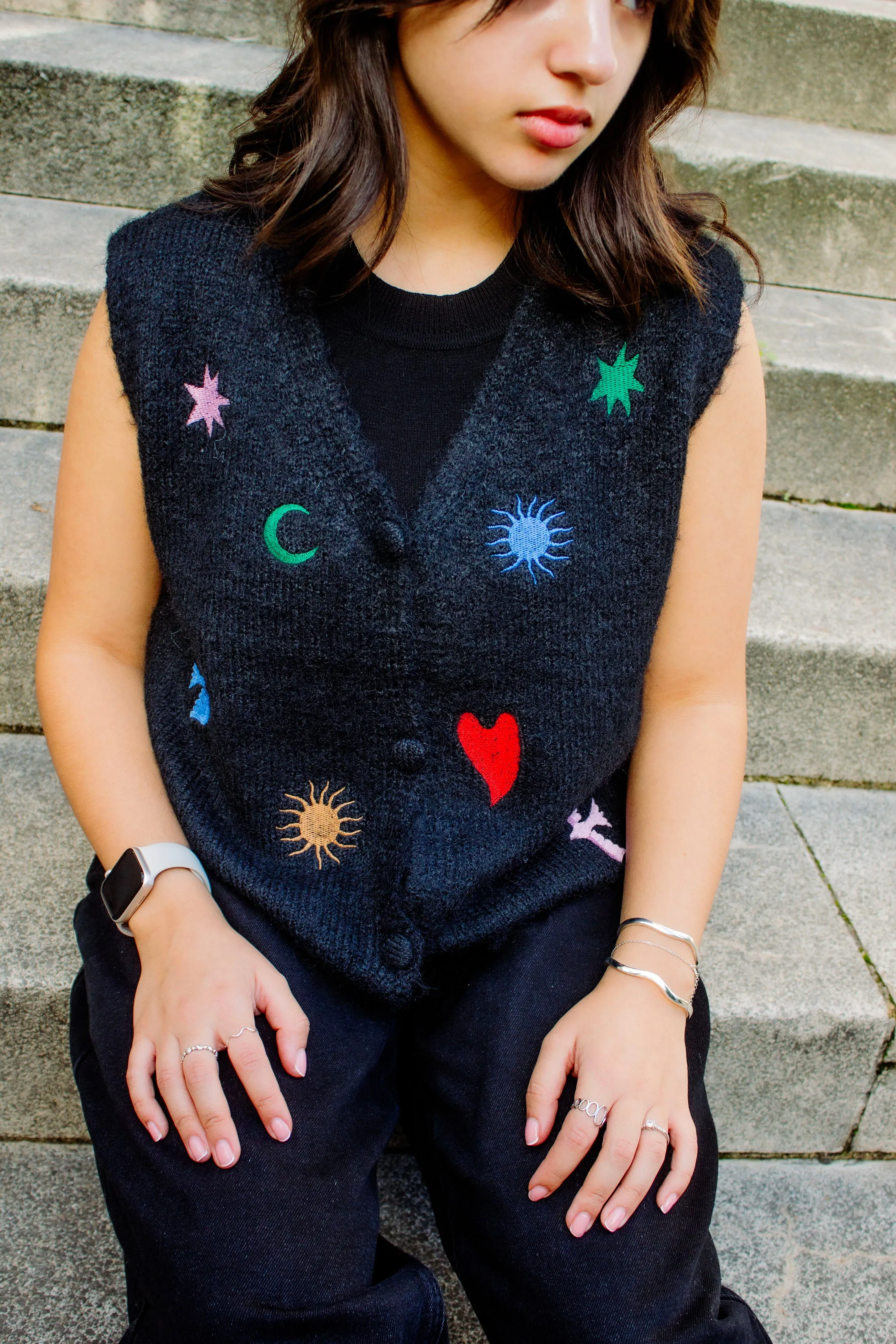 Astrology Embroidered Knit Sleeveless Vest