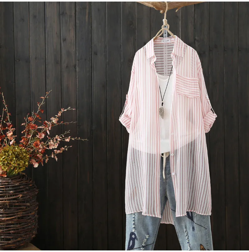 AUTUMN BUTTON FRONT TUNIC TOP IN NATURAL STRIPE