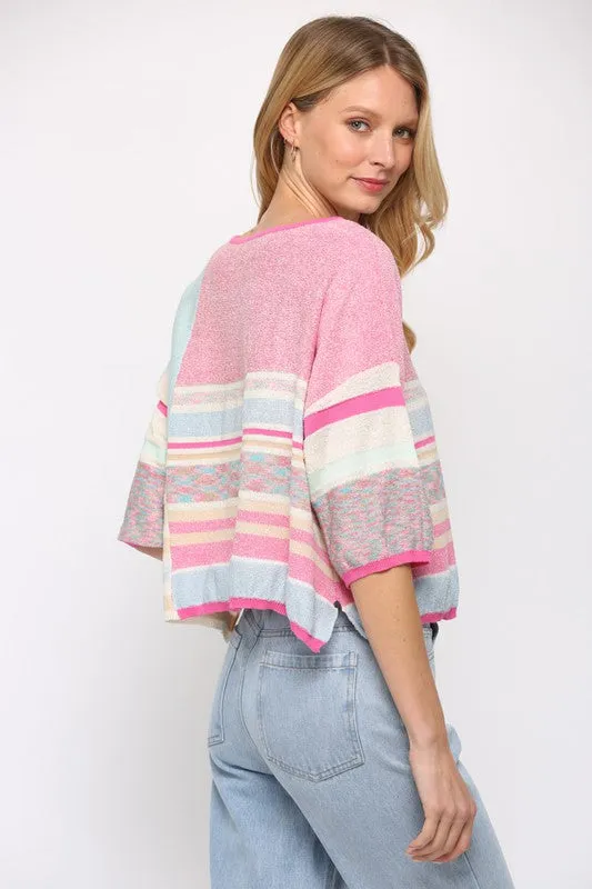 Baby Blu/Pnk Multi-Pattern Color Block Crop Sweater