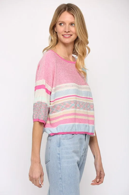 Baby Blu/Pnk Multi-Pattern Color Block Crop Sweater