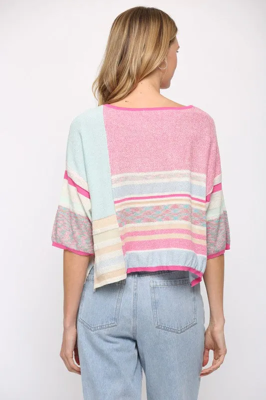 Baby Blu/Pnk Multi-Pattern Color Block Crop Sweater