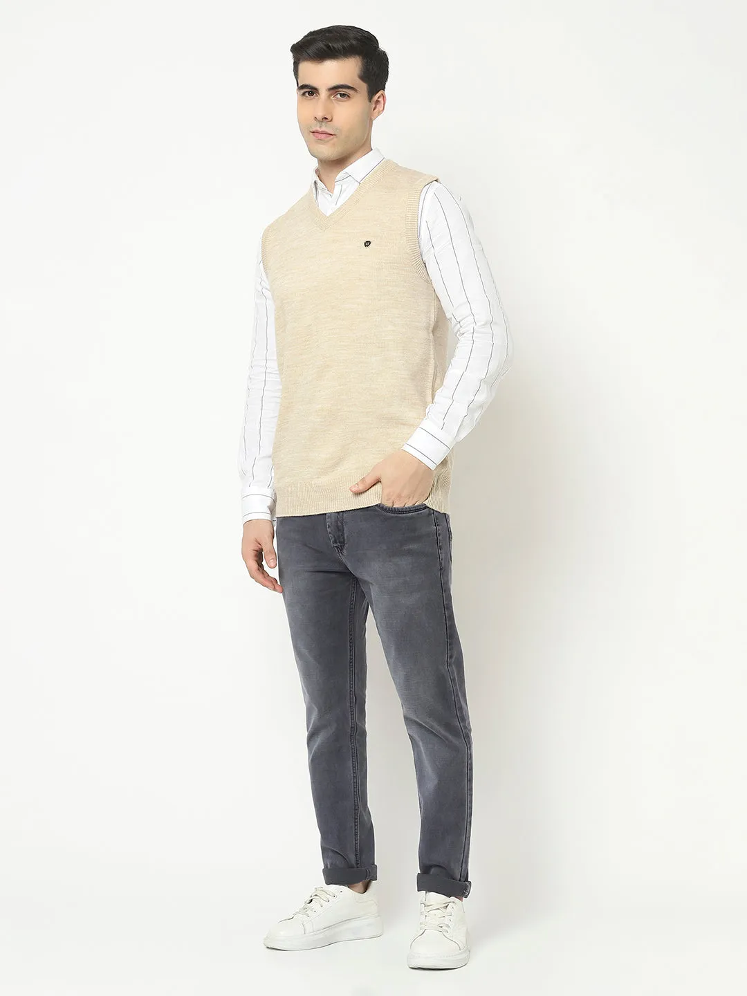 Beige Sweater Vest with Logo Crest