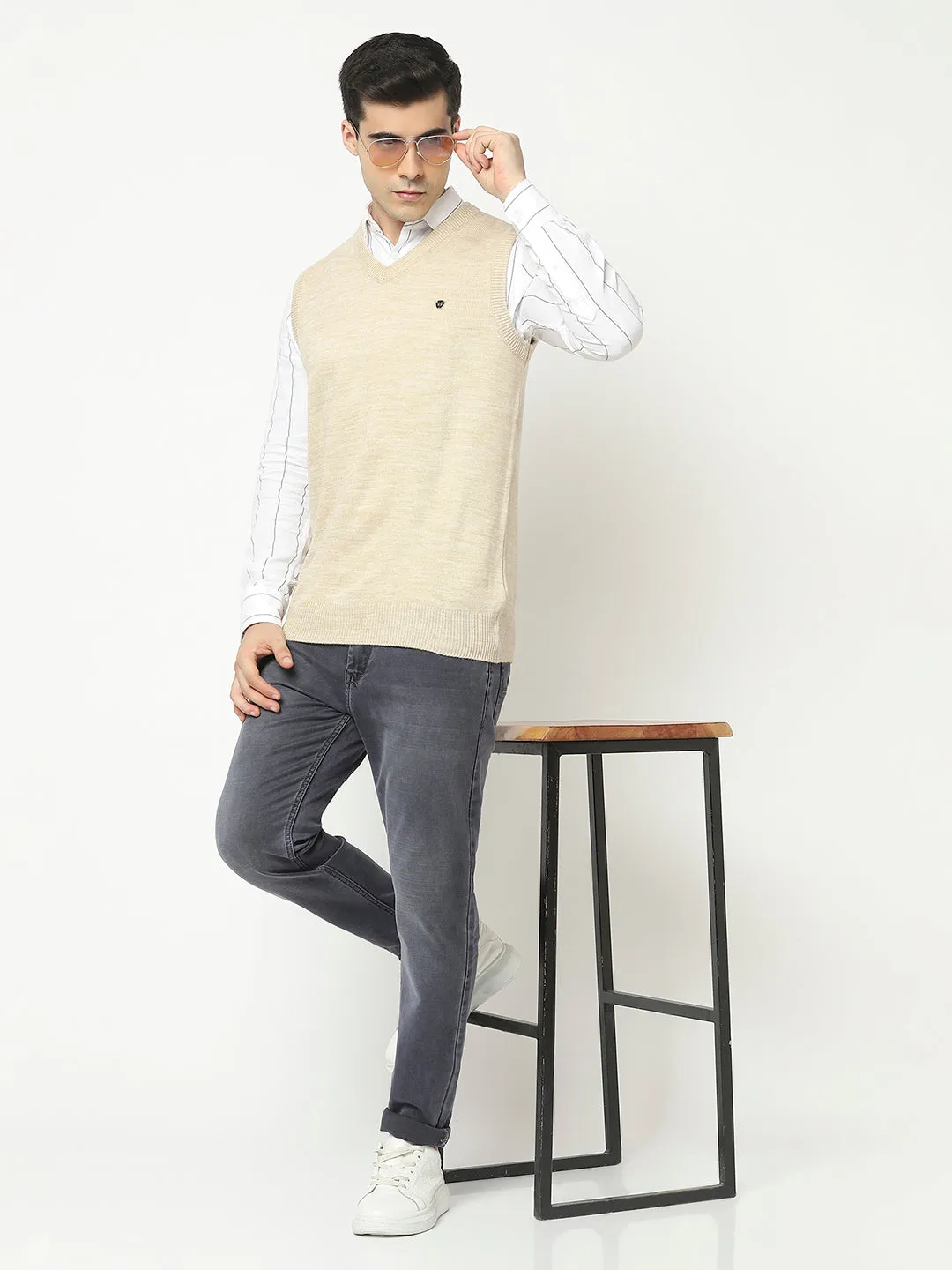 Beige Sweater Vest with Logo Crest