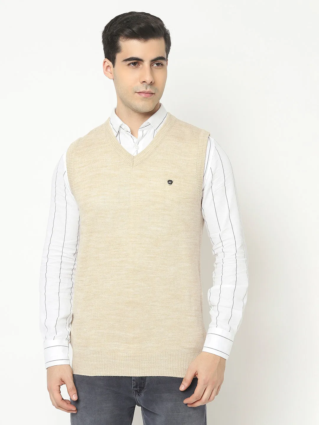 Beige Sweater Vest with Logo Crest