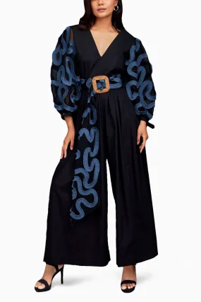 Black and Blue V-Neck Culotte Style Jumpsuit