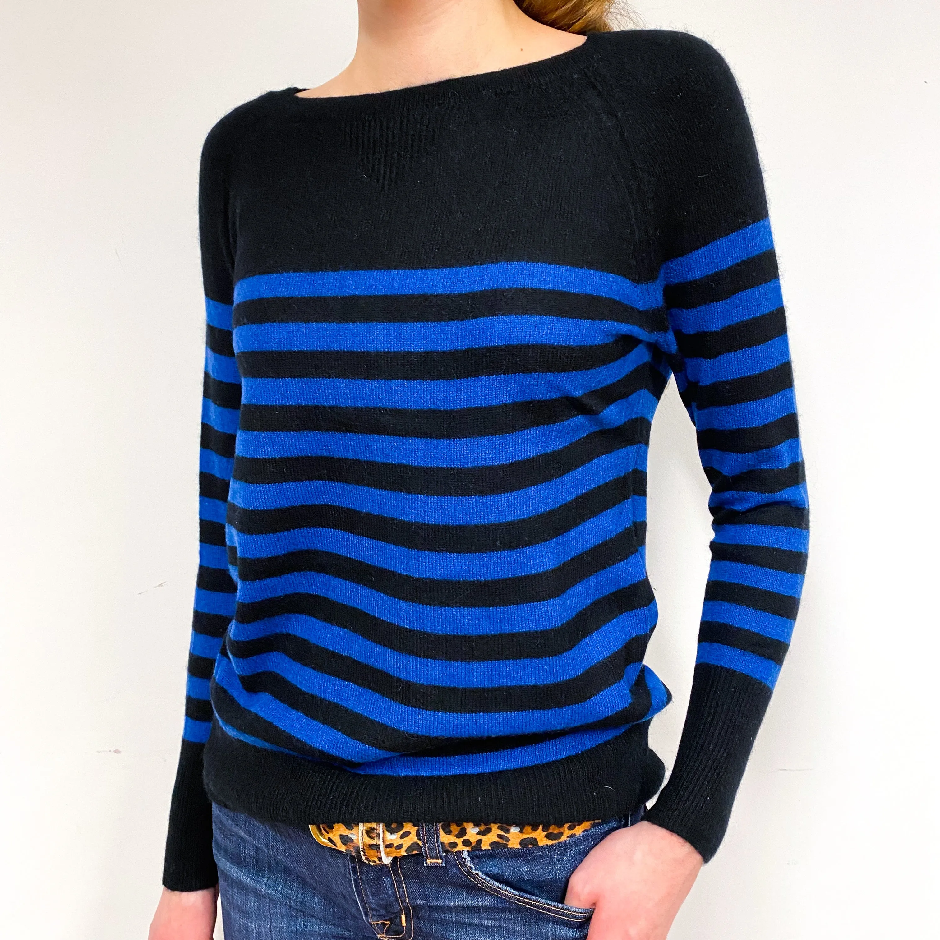 Black Blue Stripe Cashmere Crew Neck Jumper Extra Small