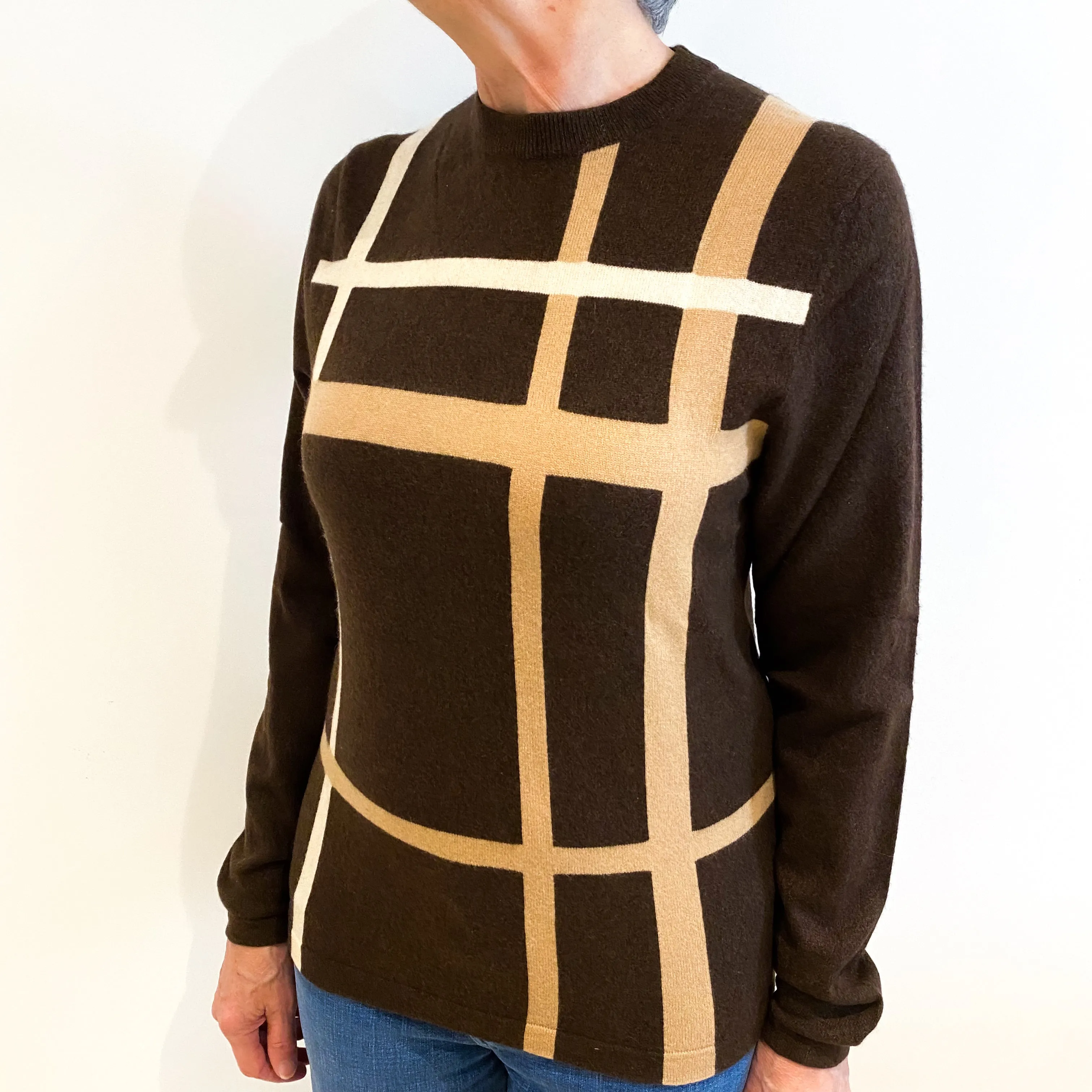 Brown and Caramel Checked Cashmere Crew Neck Jumper Medium