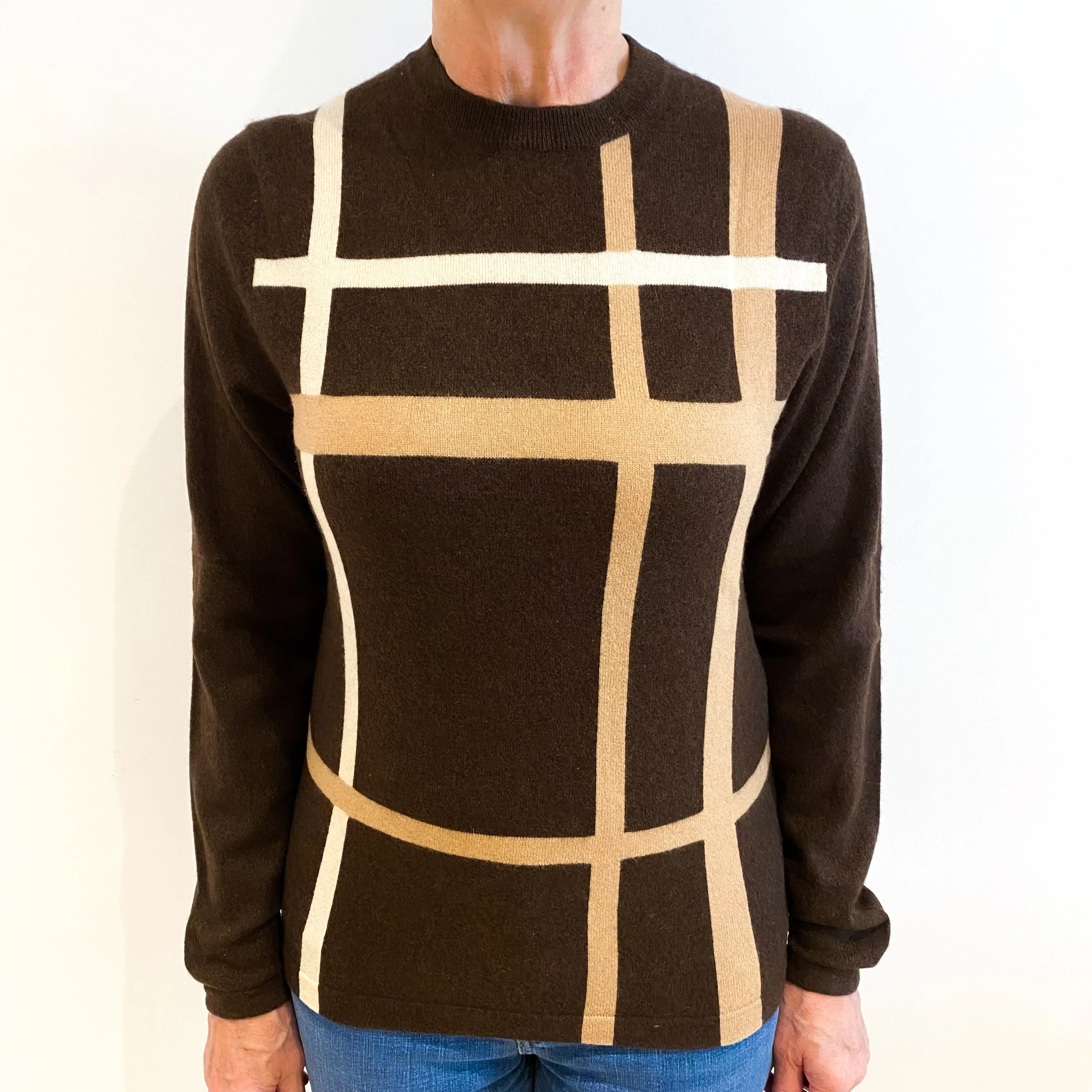 Brown and Caramel Checked Cashmere Crew Neck Jumper Medium