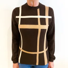 Brown and Caramel Checked Cashmere Crew Neck Jumper Medium