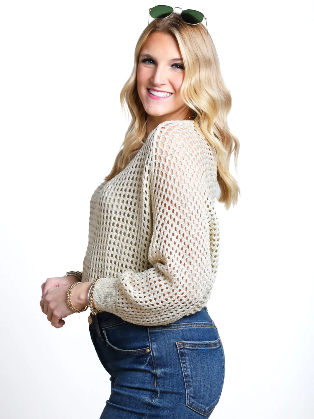 Call My Bluff Metallic Open Knit Sweater