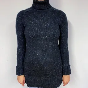 Chunky Black Marl Cashmere Polo Neck Jumper Small