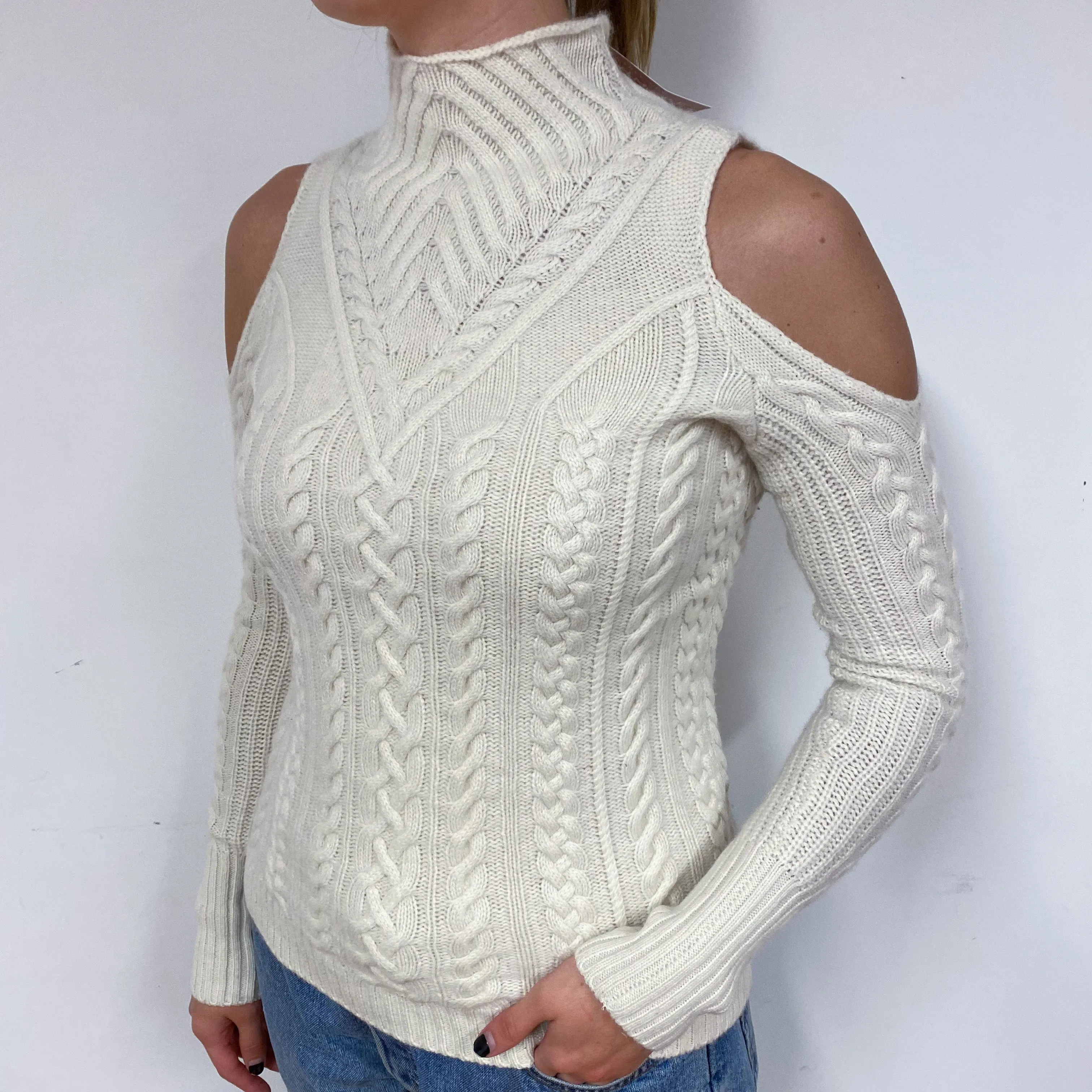 Chunky Ivory Cream Cashmere Polo Neck Jumper Cold Shoulder Small