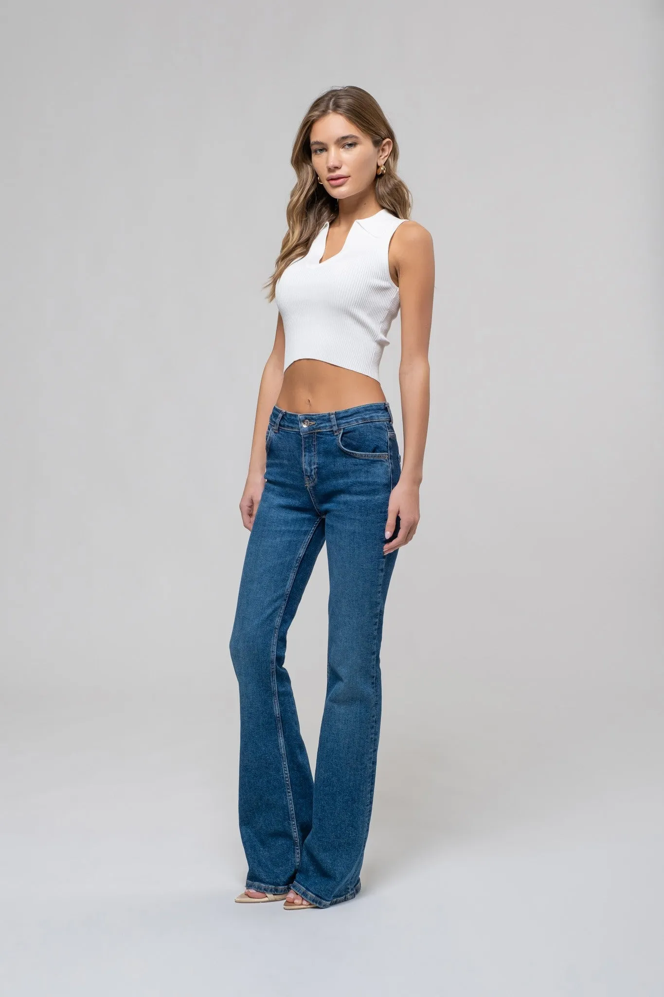 Collared Sleeveless Sweater Knit Crop Top, White