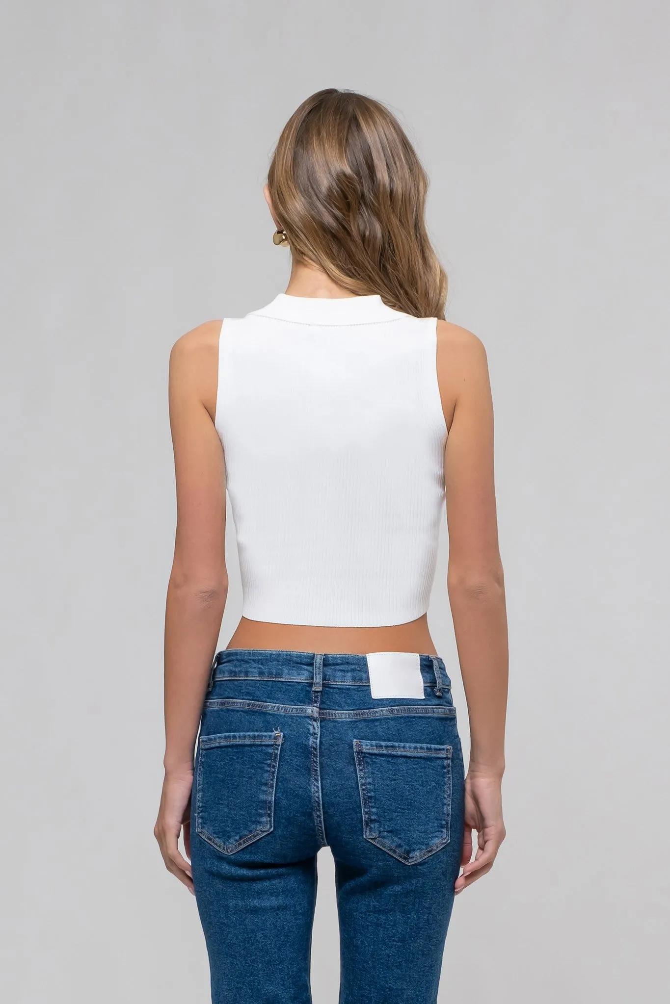 Collared Sleeveless Sweater Knit Crop Top, White