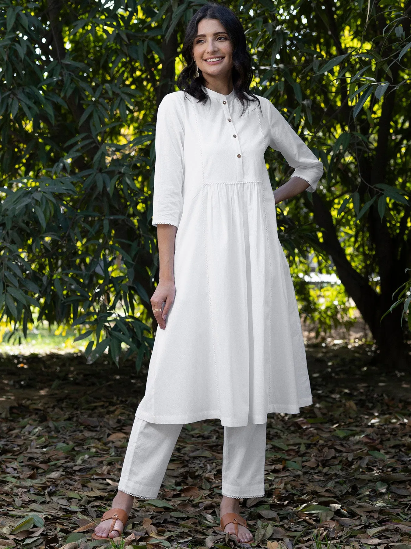 Cotton Flared Kurta Set - White