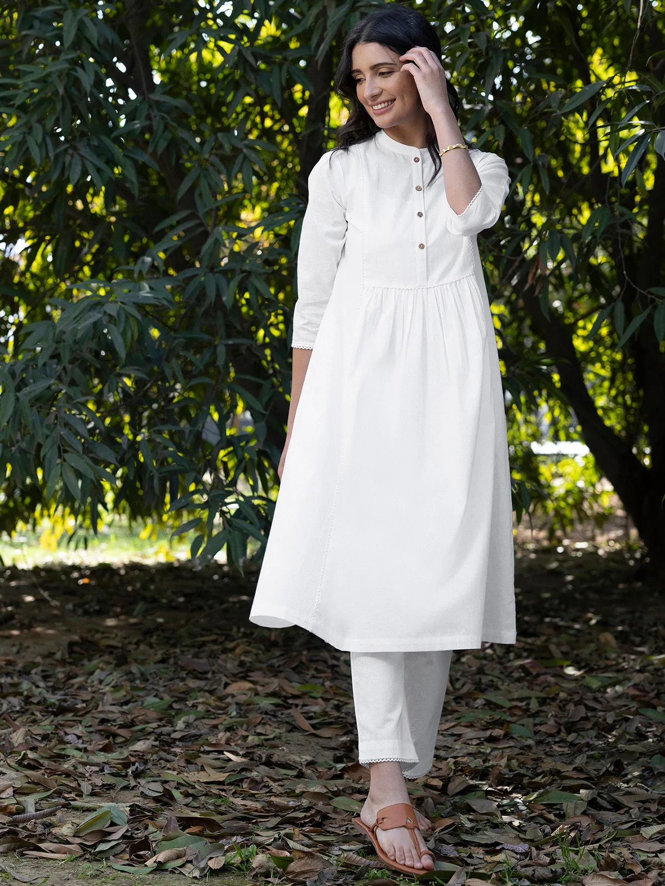 Cotton Flared Kurta Set - White