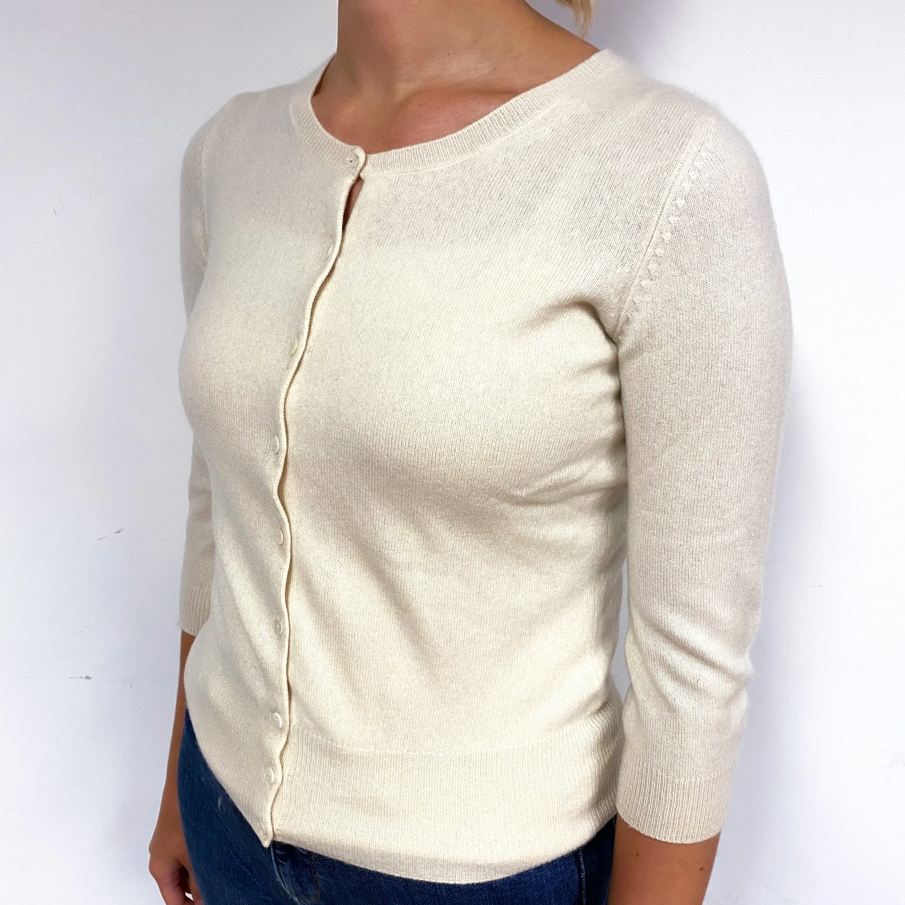 Cream 3/4 Sleeve Cashmere Crew Neck Cardigan Small