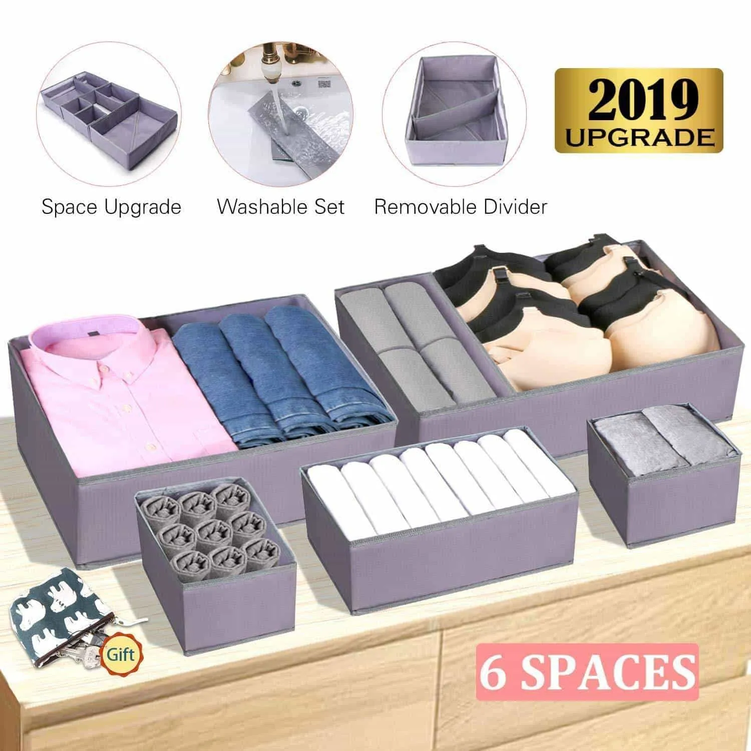 Drawer Organizer Clothes Dresser Underwear Organizer Washable Deep Socks Bra Large Boxes Storage Foldable Removable Dividers Fabric Basket Bins Closet T Shirt Jeans leggings Nursery Baby Clothing,Gray