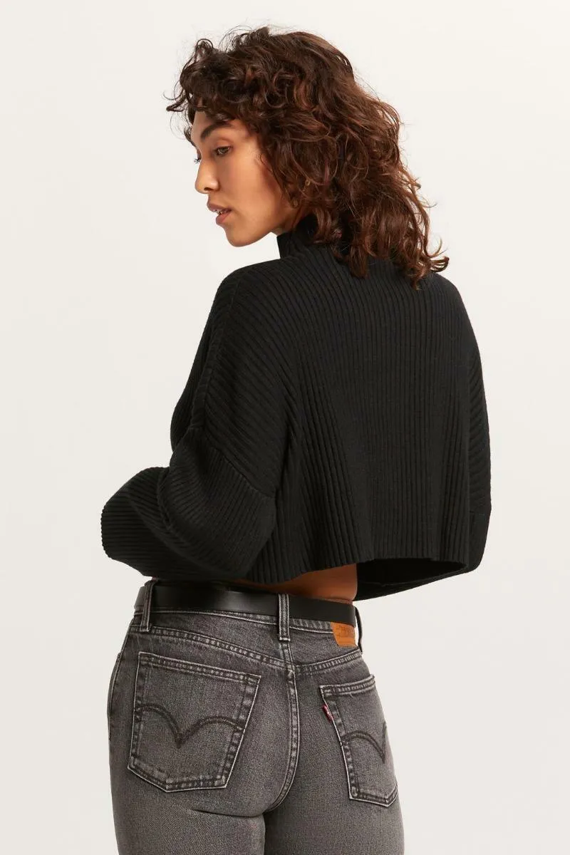 East Side Black Ribbed Knit Mock Neck Sweater
