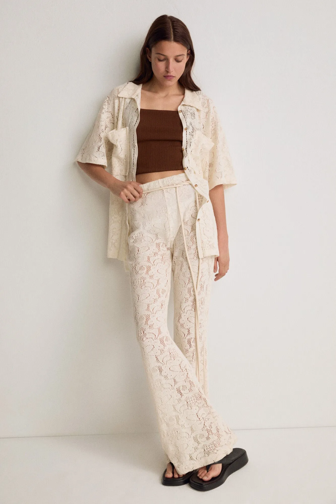 Ecru Crochet Flare Leg Pants
