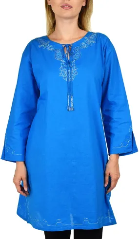 Embroidered Cotton Blouse, Women Cotton Tunic, Cotton Summer Tunic, Cotton Beach Wear,  Shirt Top w/ Drawstring Neck Reg and Plus Sizes