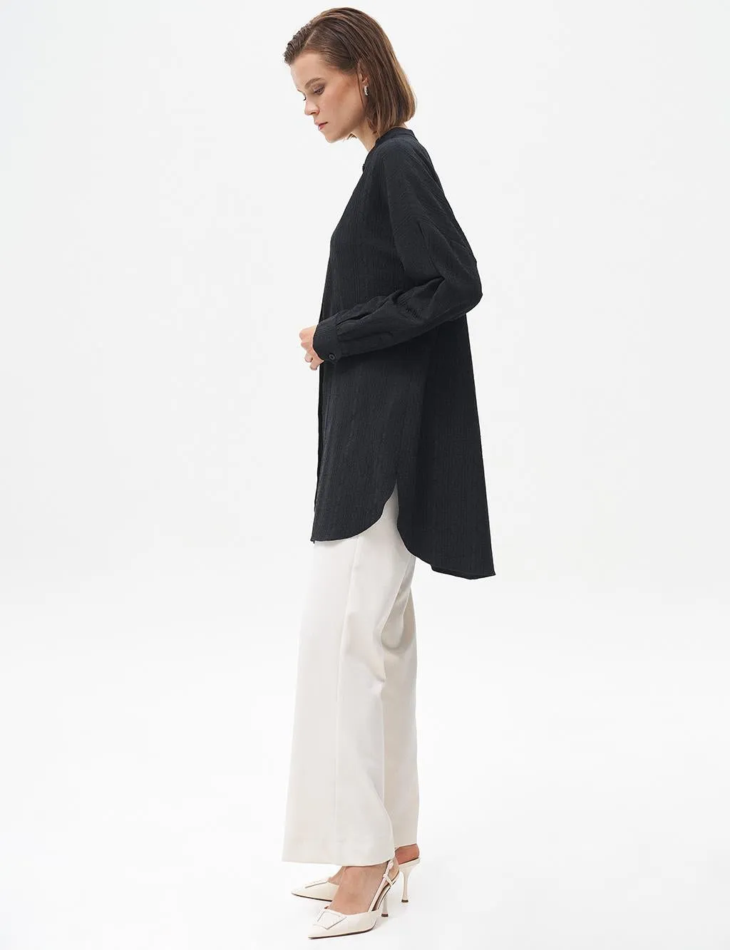 Embroidery Applique Waffle Tunic Black
