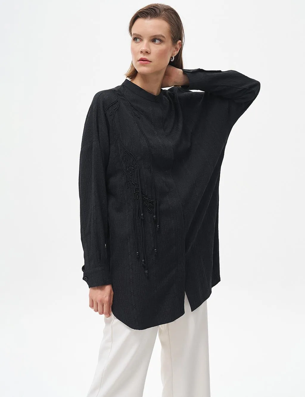 Embroidery Applique Waffle Tunic Black