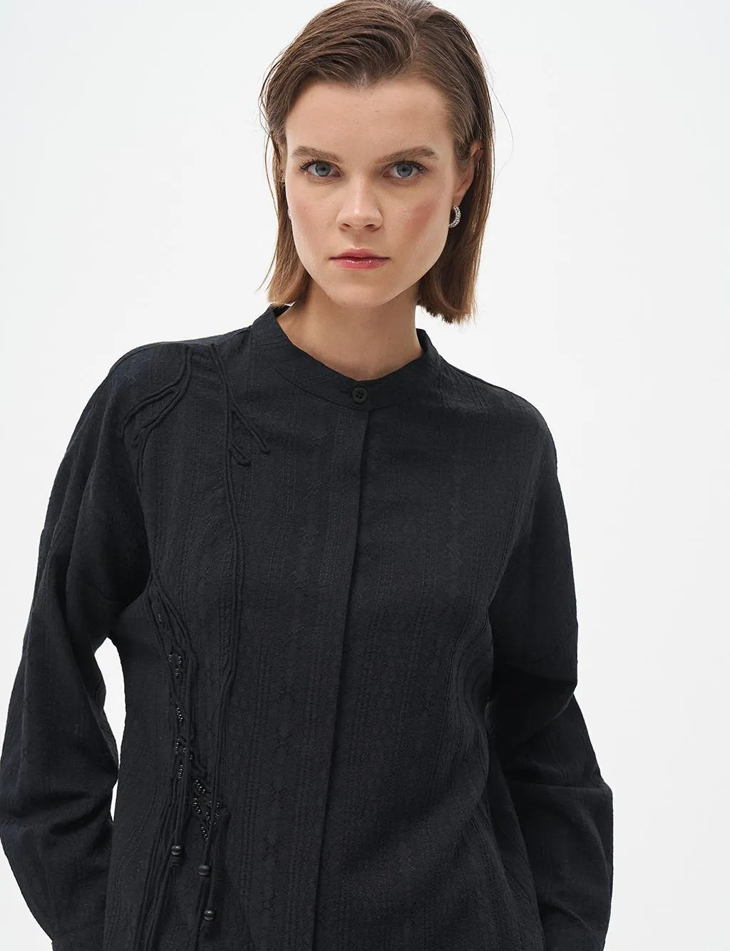Embroidery Applique Waffle Tunic Black