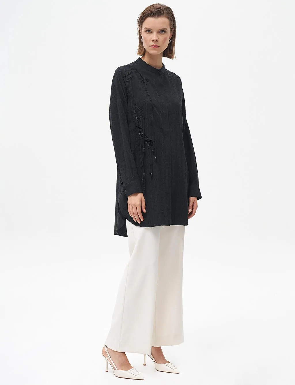Embroidery Applique Waffle Tunic Black