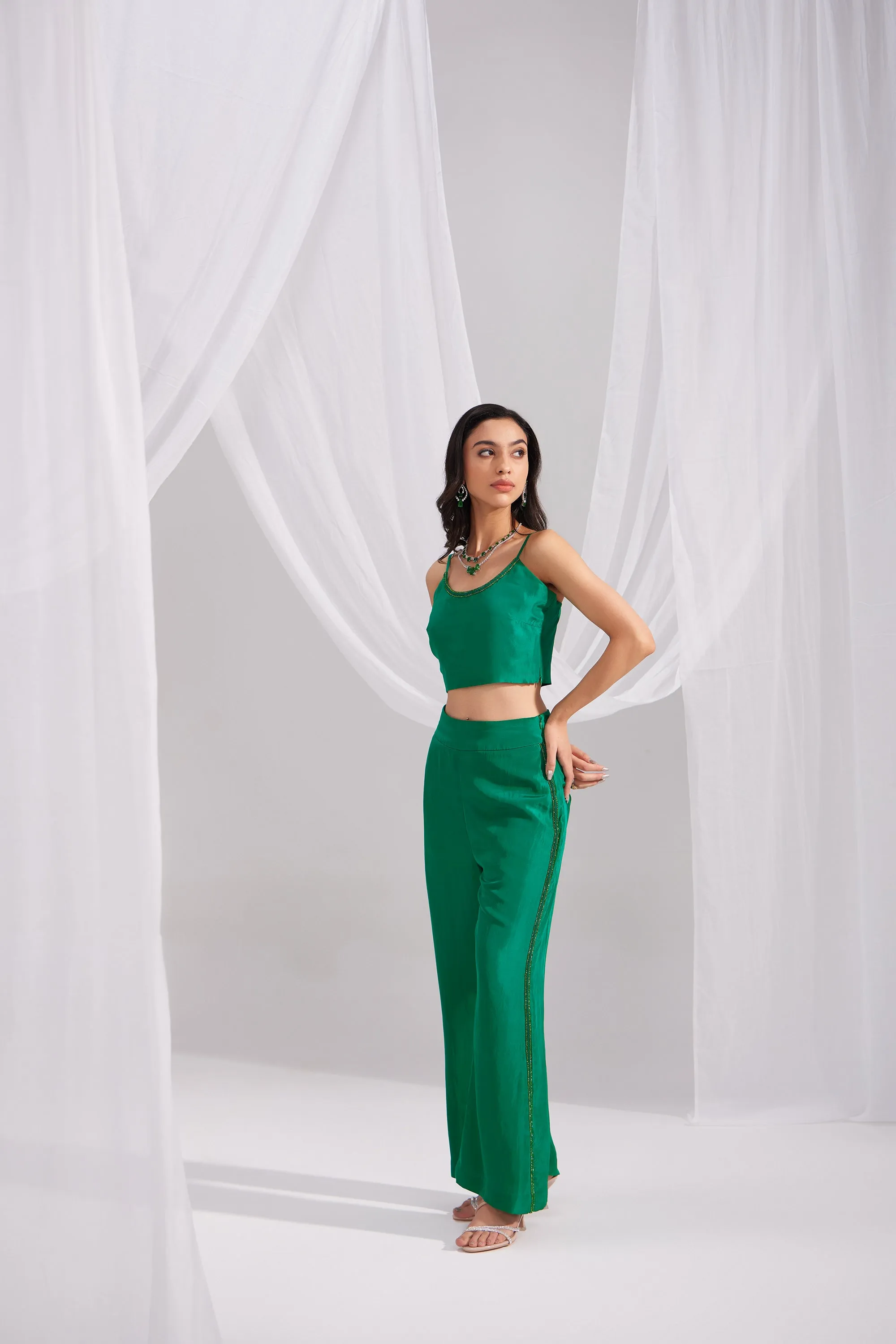Emerald Green Embroidered Silk Bustier & Flared Silk Pant Set