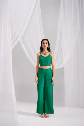Emerald Green Embroidered Silk Bustier & Flared Silk Pant Set