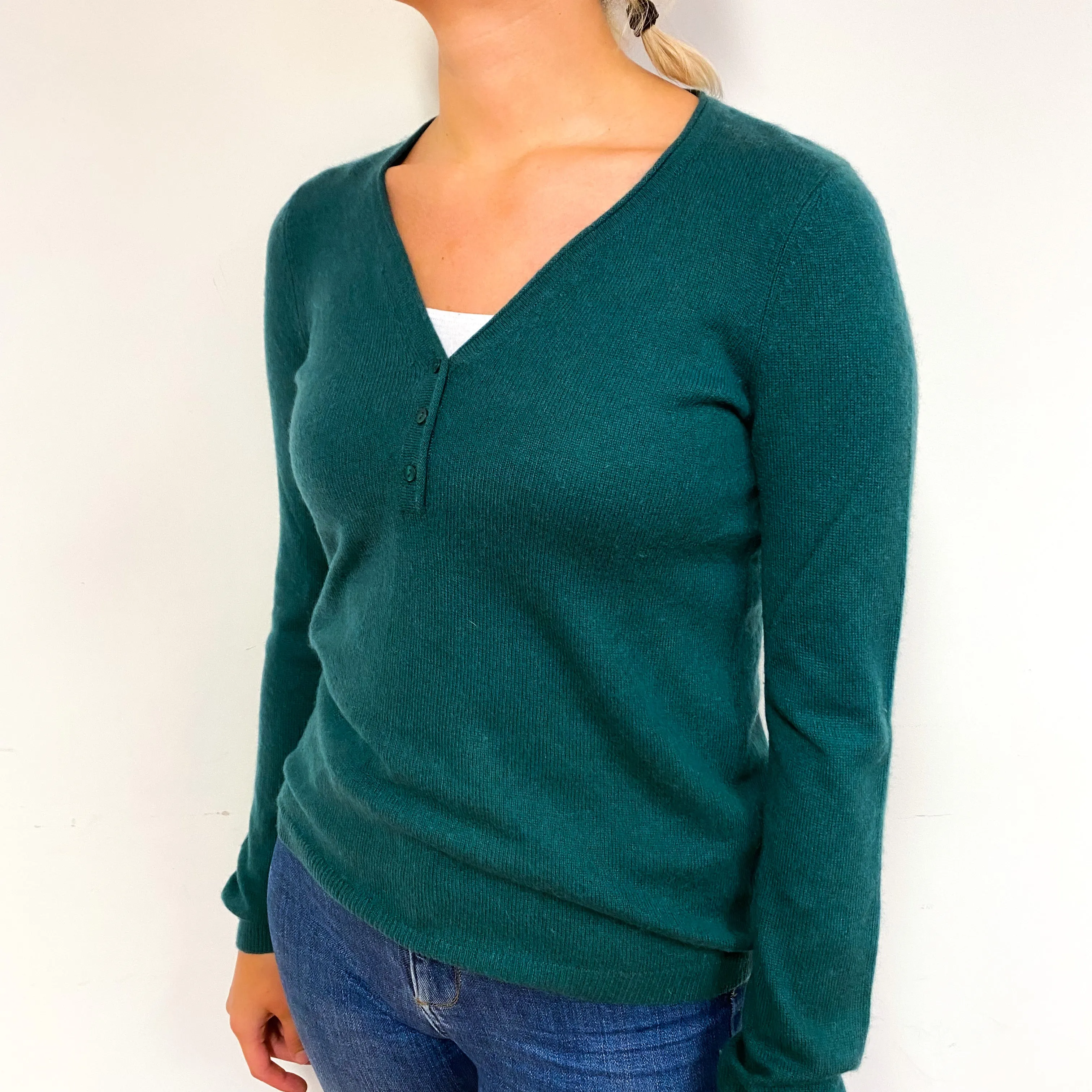 Forest Green Cashmere Buttoned V-Neck Jumper Small