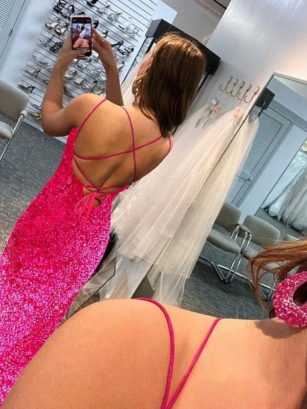 Fuchsia Sheath Spaghetti Straps Sleeveless Long Sweep Train Velvet Sequin Prom Dress (AF1010)