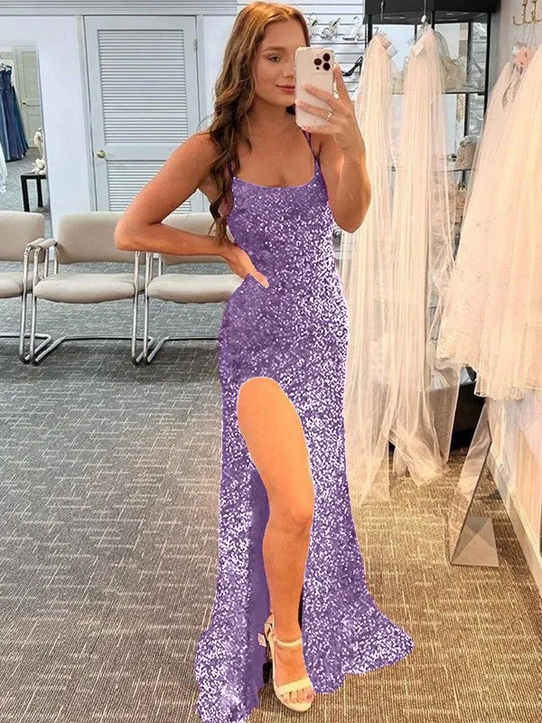 Fuchsia Sheath Spaghetti Straps Sleeveless Long Sweep Train Velvet Sequin Prom Dress (AF1010)