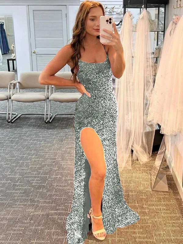 Fuchsia Sheath Spaghetti Straps Sleeveless Long Sweep Train Velvet Sequin Prom Dress (AF1010)