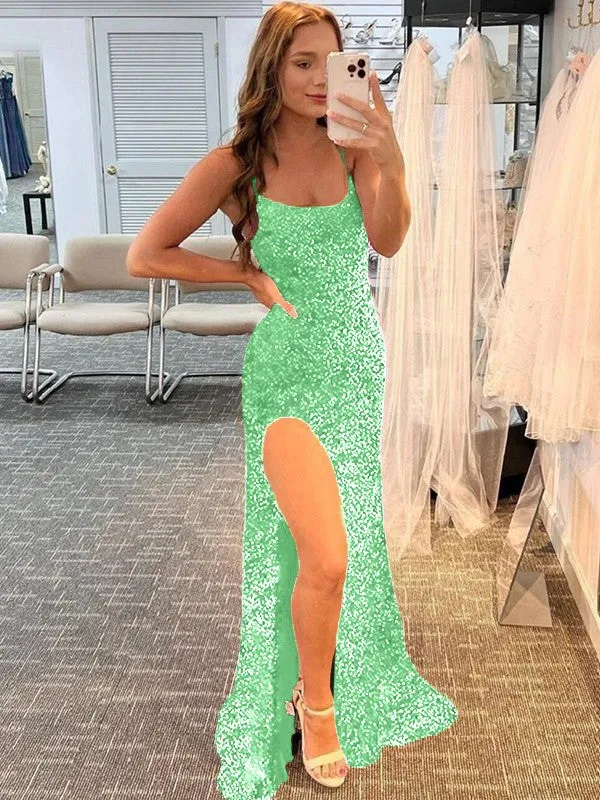 Fuchsia Sheath Spaghetti Straps Sleeveless Long Sweep Train Velvet Sequin Prom Dress (AF1010)
