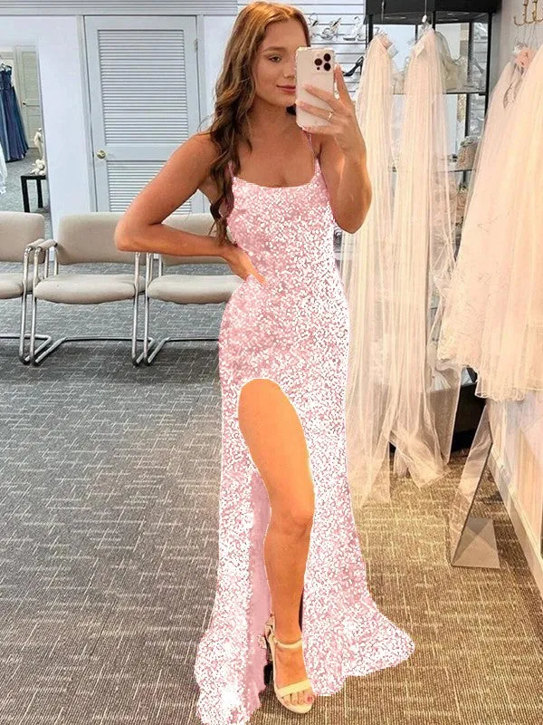 Fuchsia Sheath Spaghetti Straps Sleeveless Long Sweep Train Velvet Sequin Prom Dress (AF1010)