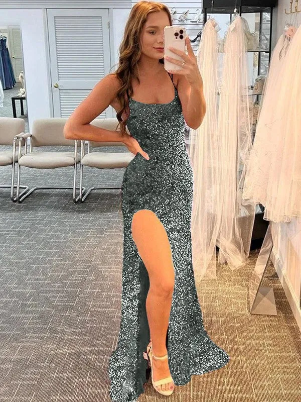 Fuchsia Sheath Spaghetti Straps Sleeveless Long Sweep Train Velvet Sequin Prom Dress (AF1010)