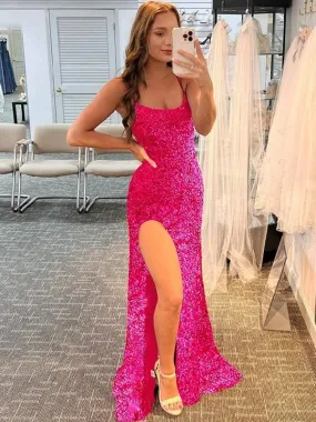 Fuchsia Sheath Spaghetti Straps Sleeveless Long Sweep Train Velvet Sequin Prom Dress (AF1010)