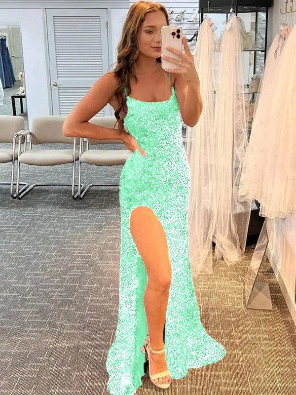 Fuchsia Sheath Spaghetti Straps Sleeveless Long Sweep Train Velvet Sequin Prom Dress (AF1010)
