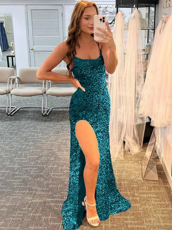 Fuchsia Sheath Spaghetti Straps Sleeveless Long Sweep Train Velvet Sequin Prom Dress (AF1010)