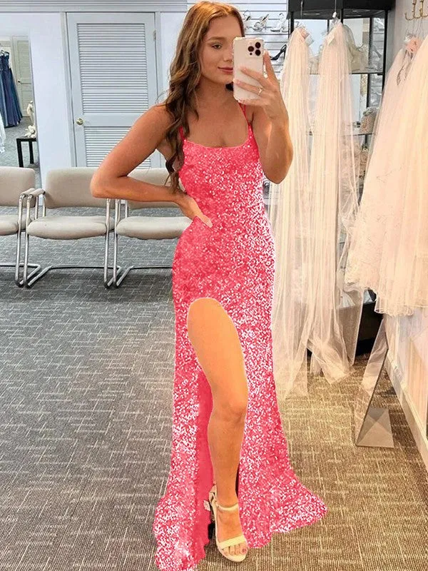 Fuchsia Sheath Spaghetti Straps Sleeveless Long Sweep Train Velvet Sequin Prom Dress (AF1010)