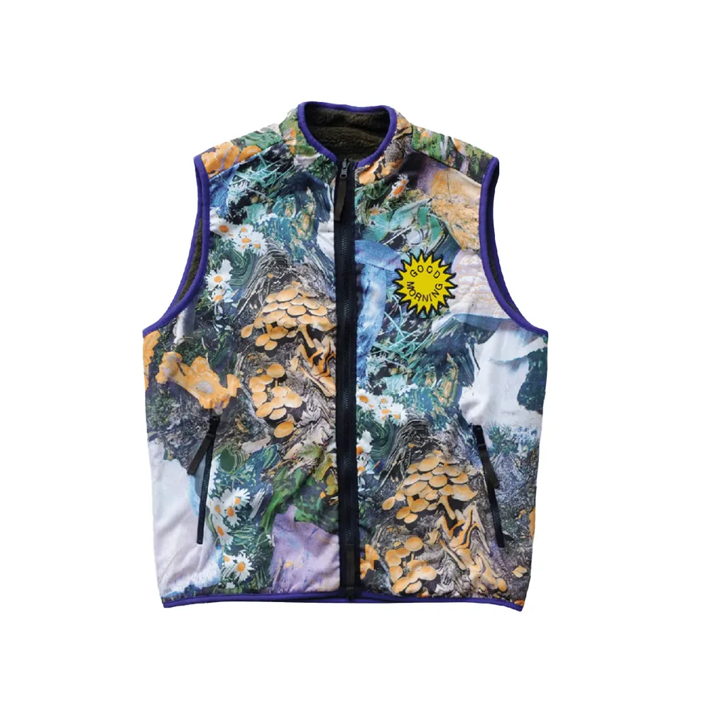 GOOD MORNING TAPES - REVERSIBLE POLAR FLEECE ZIP THRU VEST MOSS/SHROOM