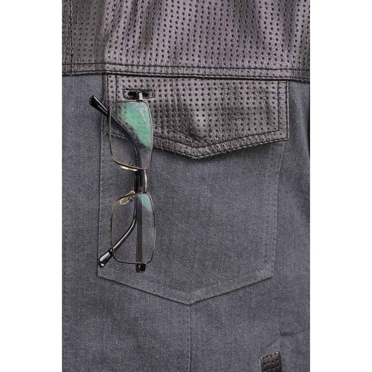 GREY MDM3005 Men's Brute Grey Denim w/ Black Perforated Leather Club Style Vest w/ Hidden Dual Closure